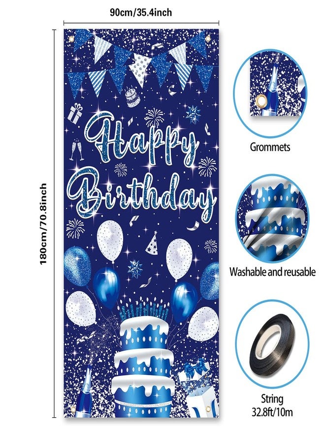 GYA 3x6ft Blue Silver Birthday Door Banner Navy Blue Glitter Sequin Happy Birthday Background Cake Balloons Gifts Backdrops Kids Celebration Party Decor - Image 5